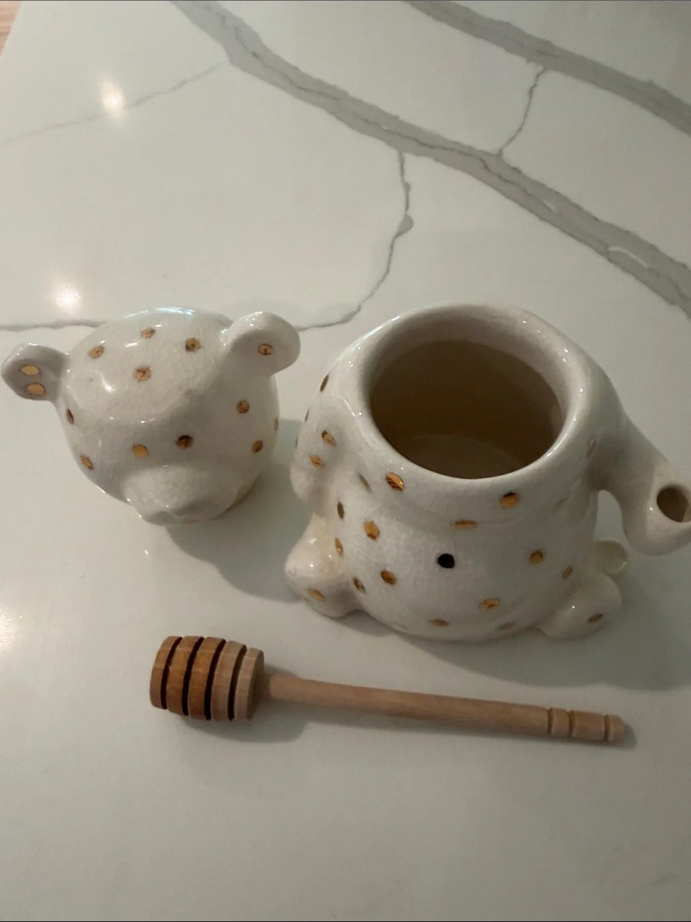 Anthropologie White Ceramic Bear Honey Jar with Gold Dots